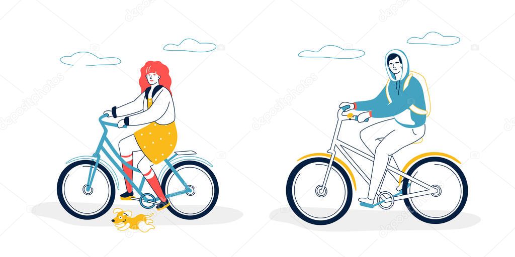 Cycling together - colorful flat design style illustration