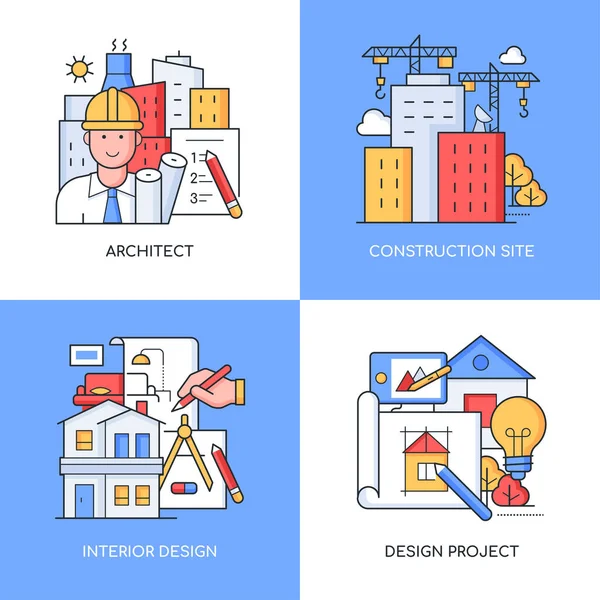 Construção e construção - conjunto de ilustrações coloridas de estilo de design de linha — Vetor de Stock