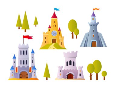 Knight Castle - modern düz tasarım nesne seti. Yüksek duvarları ve kuleleri olan muhteşem renkli kalenin temiz detaylı görüntüleri. Tarihi bina, kale, ağaçlar, mimari fikir