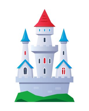 Sihirli kale - beyaz arkaplanda düz tasarım nesnesi. Muhteşem krallığın mükemmel bir görüntüsü ve ortaçağ tarzında yüksek kuleleri olan bir saray. Taş duvarlar, mimari, tarihi yapı