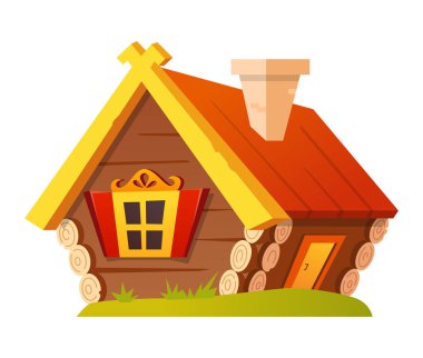 Log house - flat design style object on white background. Neat detailed image of traditional Russian hut with carved patterns on the shutters and a red roof. Historical building, architecture idea