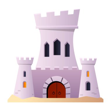 Knights castle - flat design style object on white background Neat detailed image of fabulous grey fortress with three towers and high walls. Historical building, stronghold, architecture idea