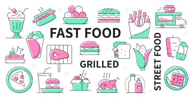 Fast food - modern düz tasarım web afişi satır elemanları ve metin ile. Düzenlenebilir felç. Kızarmış yemek, hamburger, et, balık, milkshake, pizza dilimi, shawarma ve kızarmış patates.