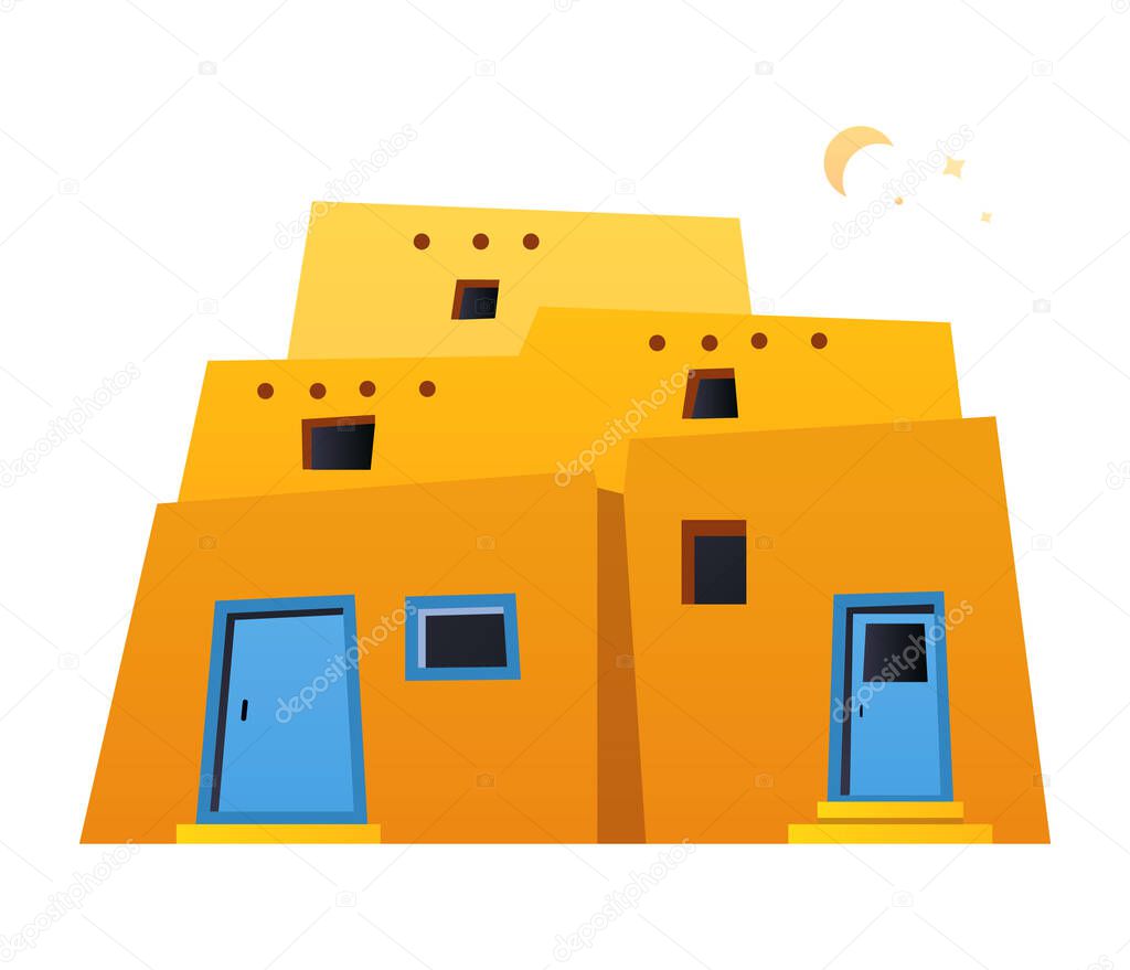 Clay houses - flat design style object on white background. Neat detailed image of traditional African dwellings. Yellow buildings with blue doors. Tourism and travelling. Diversity of the world idea