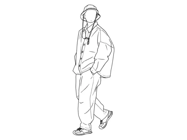 Uomo Con Cappello Secchio Camminare Mano Nella Tasca Personaggio Umano — Vettoriale Stock