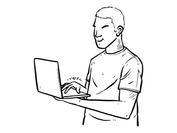Beyaz Arka Planda Dizüstü Bilgisayar Karakteri Üzerinde Çalışan Adam Çizimi — Stok Vektör