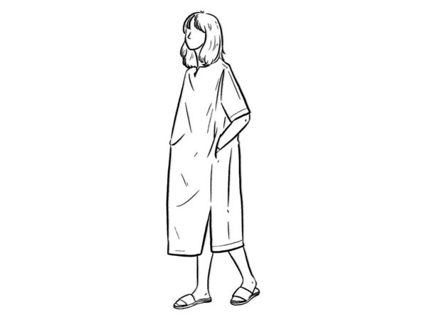 Saf elbise giyen kadın beyaz arka planda elini cebine sok. El çizimi biçim vektör tasarımı çizimleri.