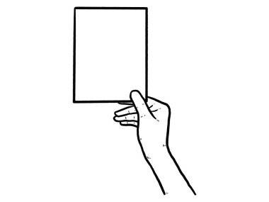 Eli boş bir kağıt simgesi tutuyor. Boş kağıt tutan bir adamın vektör çizimi. Elleri boş çizilmiş kağıt.