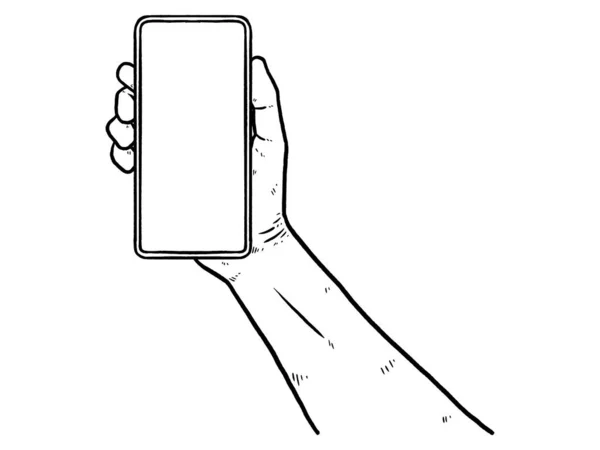 ビジネスマンの手の中に保持スマートフォンの空白の画面モックアップ 白地に隔離されてる ドードルスタイル — ストックベクタ