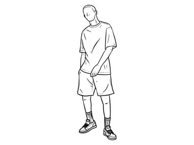 Elleri pantolonunun cebinde duran bir adam. Beyaz arkaplanda el yazısıyla yazılmış harfler. Poster, sosyal ağ, afiş, kartlar için vektör şablonu.