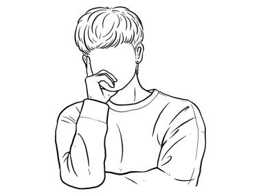 Kolları çapraz dalgın duran bir adam. Beyaz arkaplanda el yazısıyla yazılmış harfler. Poster, sosyal ağ, afiş, kartlar için vektör şablonu.