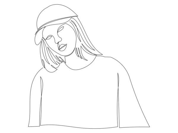 Fille Portant Chapeau Dessin Vectoriel Ligne Continue Isolé Sur Fond — Image vectorielle