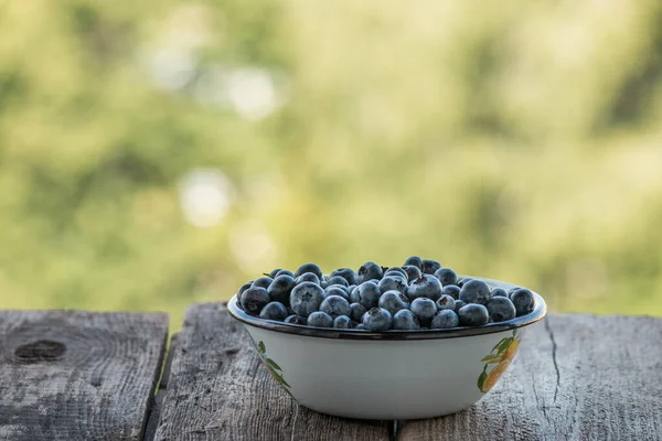 Blueberry Enamel Bowl Wooden Table Summer Blurred Background — Stock Photo, Image