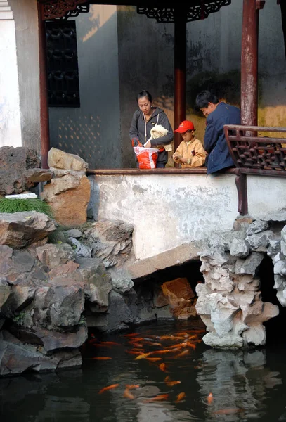 Yuan Gardens Szanghaj Chiny Ludzie Garden Patrzą Ryby Małym Stawie — Zdjęcie stockowe