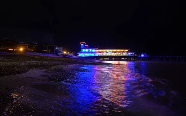 Felixstowe Suffolk Felixstowe Pier Night Illuminated Blue Yellow Lights View — Stock Photo, Image