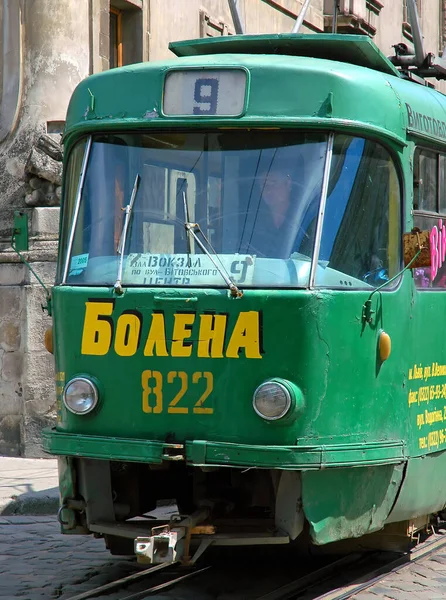 Lviv Ukraine Tram Central Lviv Tram Bright Green Color Yellow — Stok fotoğraf