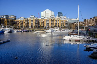 St Katharine Rıhtımı, Londra, İngiltere: Saint Katharine Rıhtımı Londra yakınlarındaki Wapping 'de. Tekneler rıhtımda demirli, modern daireler de arkada. Sudaki ördekler.