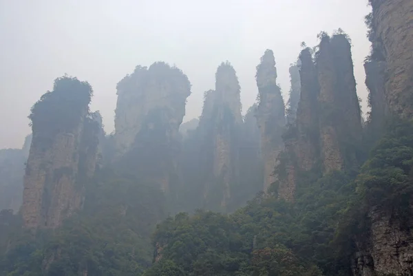 후난성의 Zangjiajie National Forest Park 상층부의 미스티 공원은 바위너구리 소용돌이치는 — 스톡 사진