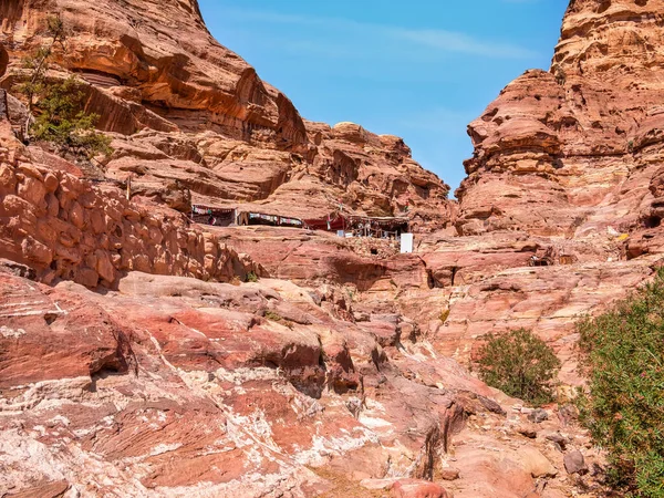 Handelaren Souvenirstalletjes Deir Trail Kloosterpad Oude Stad Petra Jordanië — Stockfoto