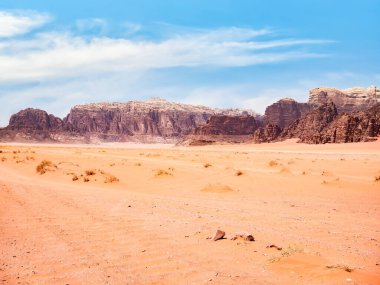 Ürdün 'deki Wadi Rum kayalık çölünden manzara. Çöl manzarası