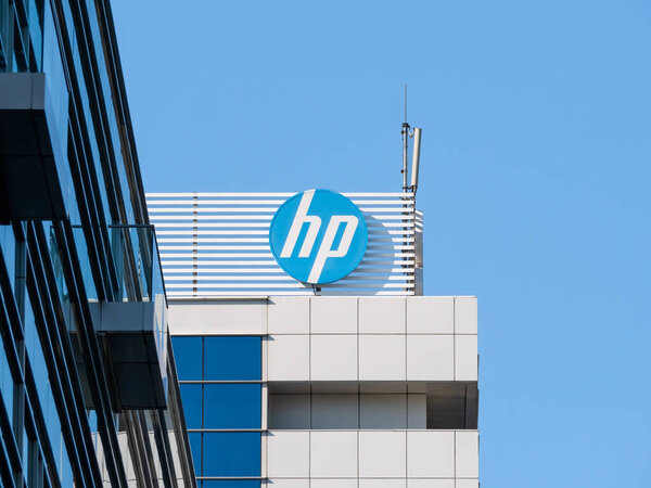 Bucharest, Romania - 10.01.2021: Hewlett Packard logo and sign on a office building in Bucharest.