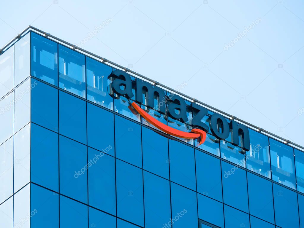 Bucharest, Romania - 10.01.2021: Amazon logo and headquarters in Bucharest. Amazon offices in Romania.