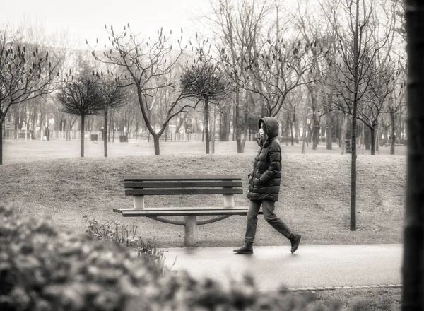 Ragazza Solitaria Che Cammina Passeggia Nel Parco Una Mattina Nebbiosa — Foto Stock