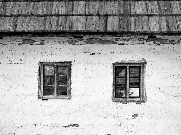 Detail White Painted Old Rustic Romanian House Two Wooden Windows — Stock Photo, Image