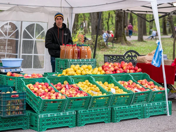Bukarest Rumänien 2022 Straßenhändler Der Verschiedene Apfelsorten Und Frischen Apfelsaft — Stockfoto
