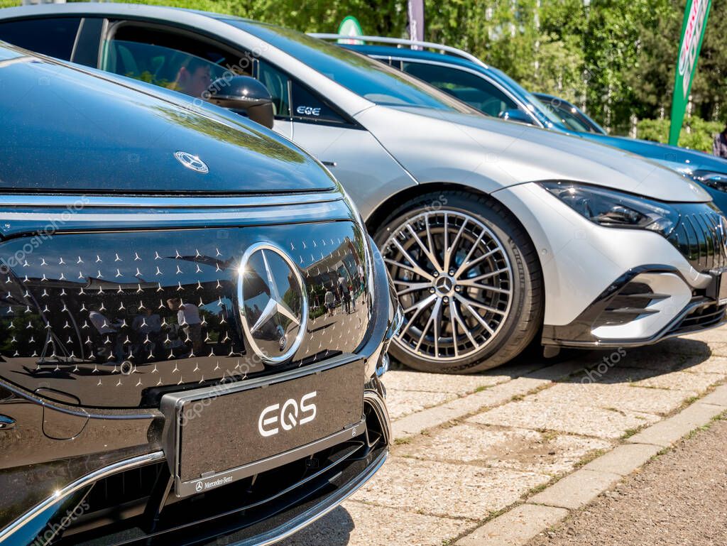 Bucharest, Romania - 05.20.2022: Close up detail with the new Mercedes model EQS full electric car.