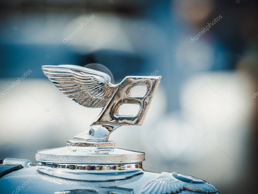 Bucharest, Romania - 05.20.2022: Close up with the old Bentley logo.British Vintage luxury car