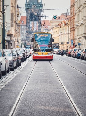 Prague, Czech Republic - June 2022: New modern tram number 9 on the streets of Prague. Prague Integrated transport or Prazska Inteegrovana doprava