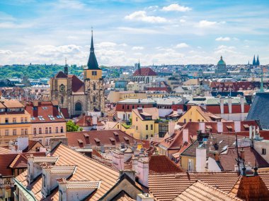 Prague, Czech Republic - June 2022: Beautiful aerial view with the city of Prague. Many medieval buldings with gothic and baroque architecture