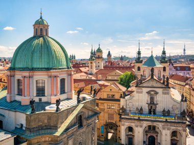 Prague, Czech Republic - June 2022: View from above with St. Francis Of Assisi Church (Kostel svateho Frantiska z Assisi) located near Charles Bridge in Prague