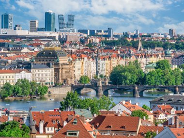 Prague, Czech Republic - June 2022: Beautiful view at sunset with the magnificent building of the National Theatre opera house(Narodni divadlo). Renaissance architecture in Prague