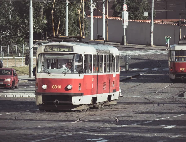 Prague Czech Republic June 2022 Red Vintage Tram Public Transport — стоковое фото