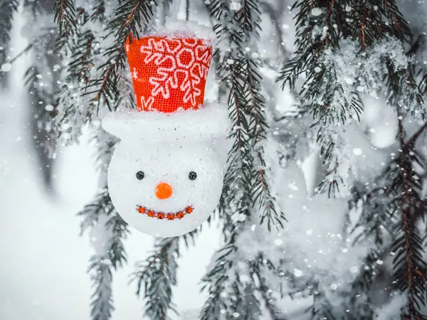 Decoración Del Árbol Navidad Muñeco Nieve Vacaciones Invierno Postal — Foto de Stock