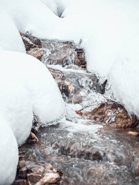 Beyaz donmuş karın altında akan bir dağ deresinin minimalist resmi..