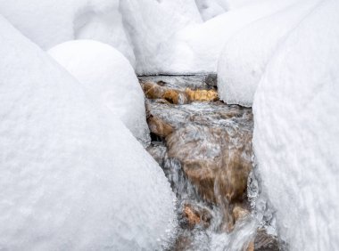 Beyaz donmuş karın altında akan bir dağ deresinin minimalist resmi..