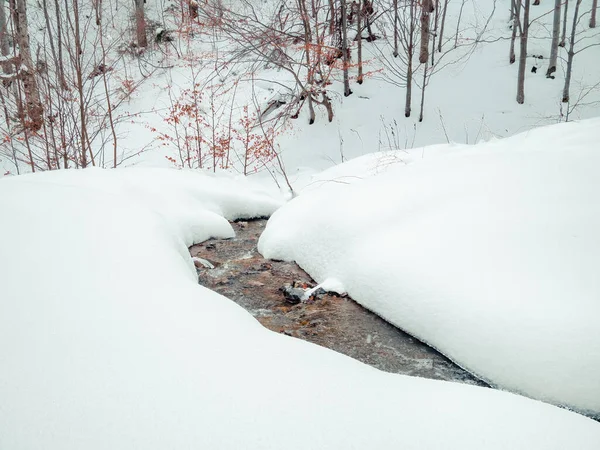 Imagen Abstracta Minimalista Arroyo Montañoso Que Fluye Bajo Blanca Nieve —  Fotos de Stock