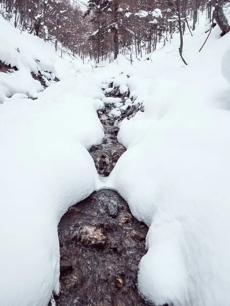 白い雪の下を流れる渓流のミニマルな抽象画 — ストック写真