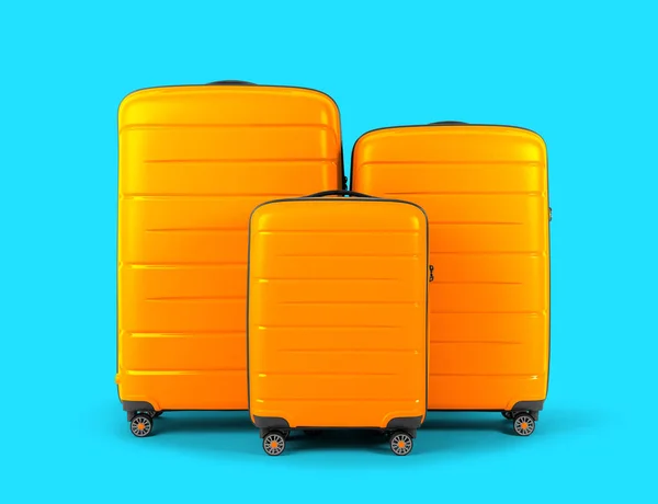 Conjunto Elegantes Maletas Amarillas Para Viajar Sobre Fondo Azul — Foto de Stock