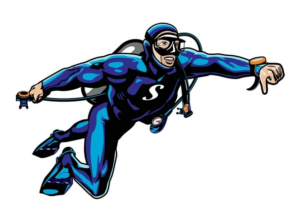 Дайвер Гідрокостюмі Підводним Плаванням Позі Літаючої Людини Показує Команду Пірнати — стоковий вектор