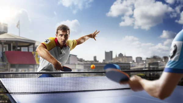 Young Sports Man Tennis Player Playing Light Background — Stock Photo, Image