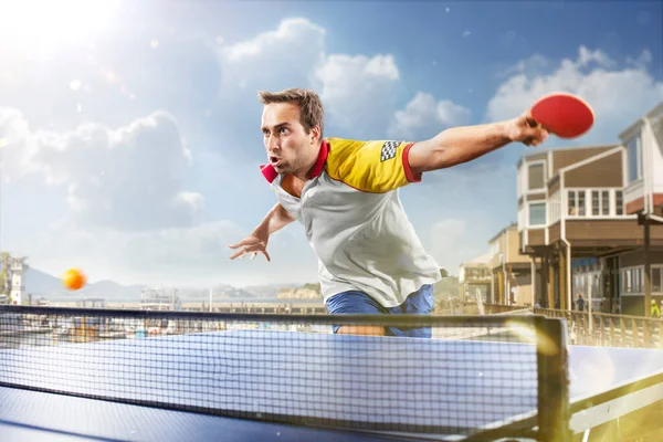 Young Sports Man Tennis Player Playing Light Background — Stock Photo, Image