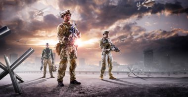 Soldier special forces with weapons in their hands on a futuristic background. Military concept of the future. clipart