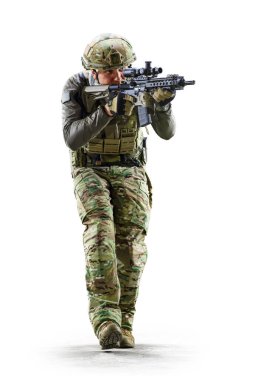 İzole edilmiş beyaz arka planda ellerinde silahları olan özel kuvvetler. Geleceğin askeri kavramı..