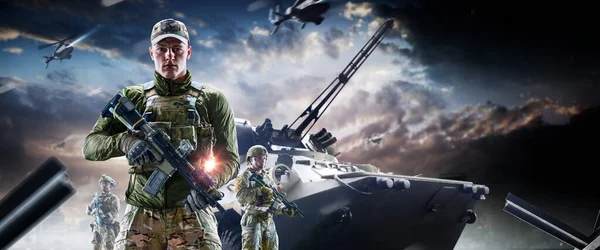 Vojáci Zbraněmi Rukou Futuristickém Pozadí Vojenský Koncept Budoucnosti — Stock fotografie
