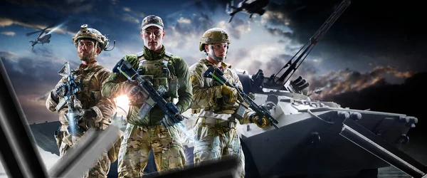 Soldier special forces with weapons in their hands on a futuristic background. Military concept of the future.