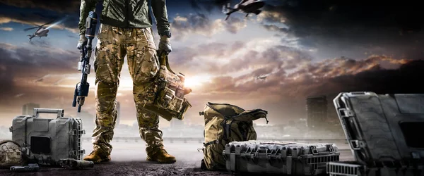 Soldaten Spezialeinheiten Mit Waffen Der Hand Vor Futuristischem Hintergrund Militärisches — Stockfoto